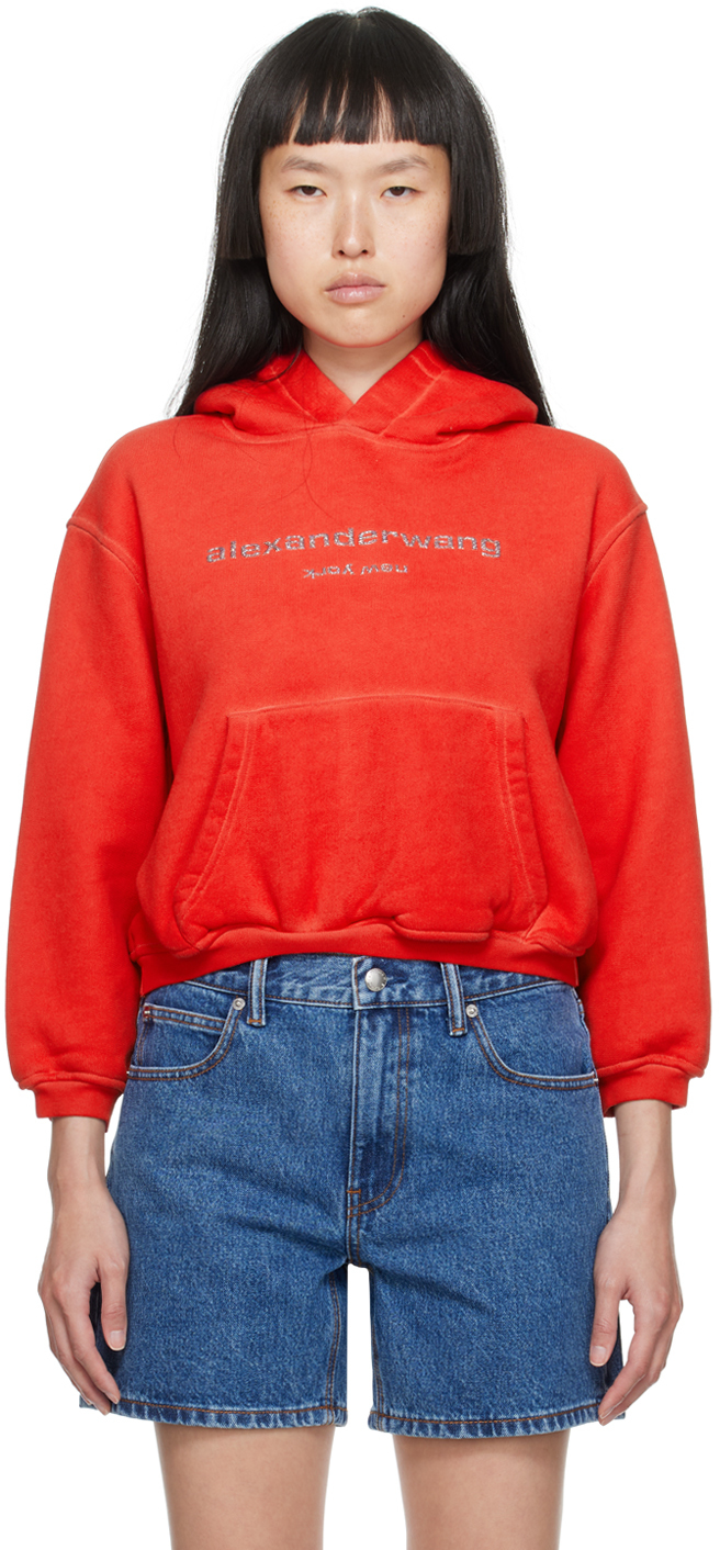 Alexander Wang Red Glitter Hoodie In 629a Fiery Red Combo