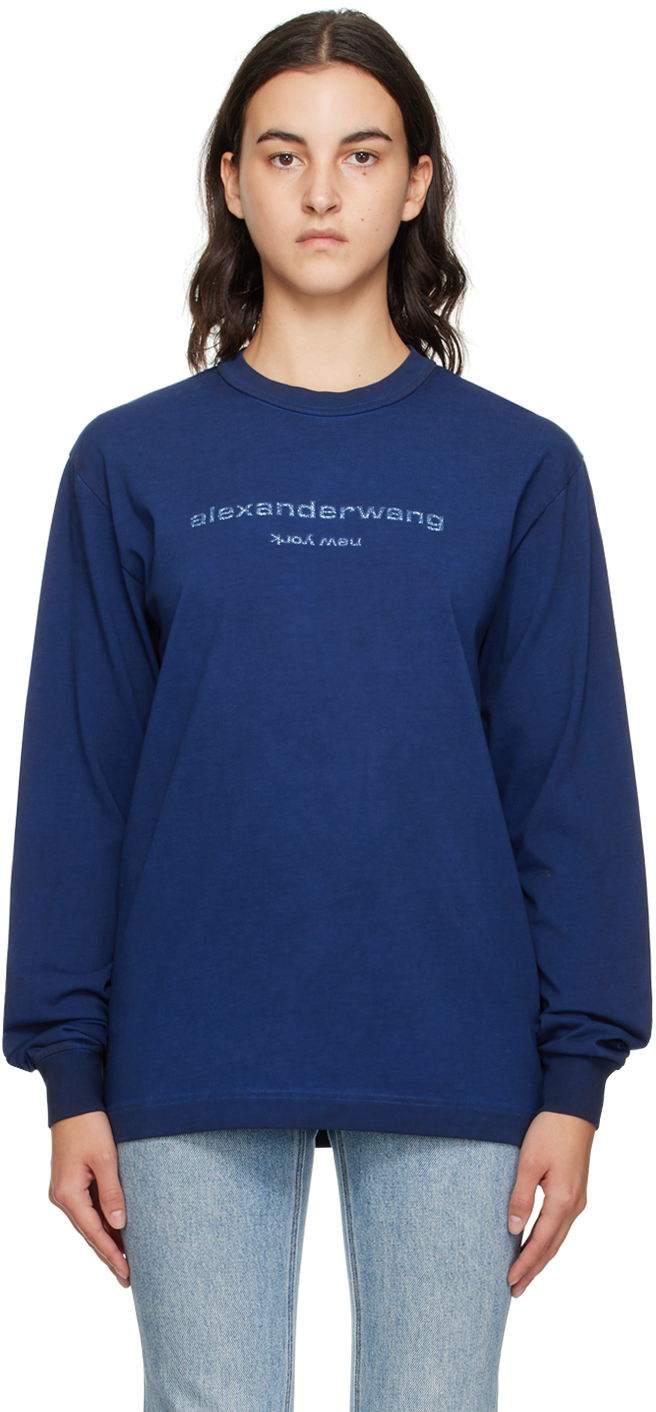 Alexander Wang Navy Printed Long Sleeve T-shirt In 410b Dark Navy Combo