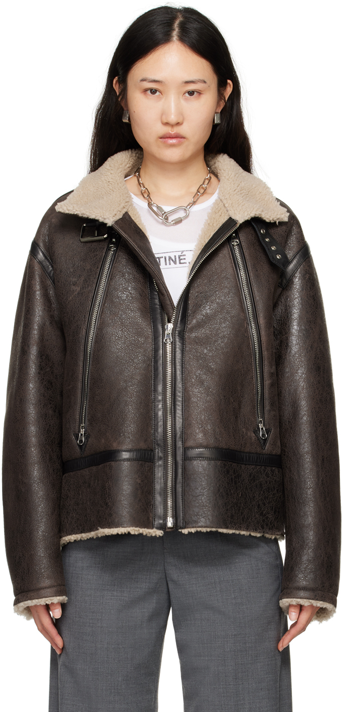 Brown Pin-Buckle Shearling Jacket