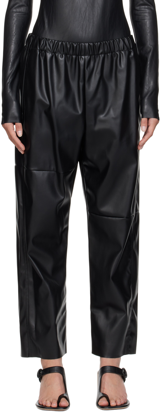 Black Elasticized Faux-Leather Trousers