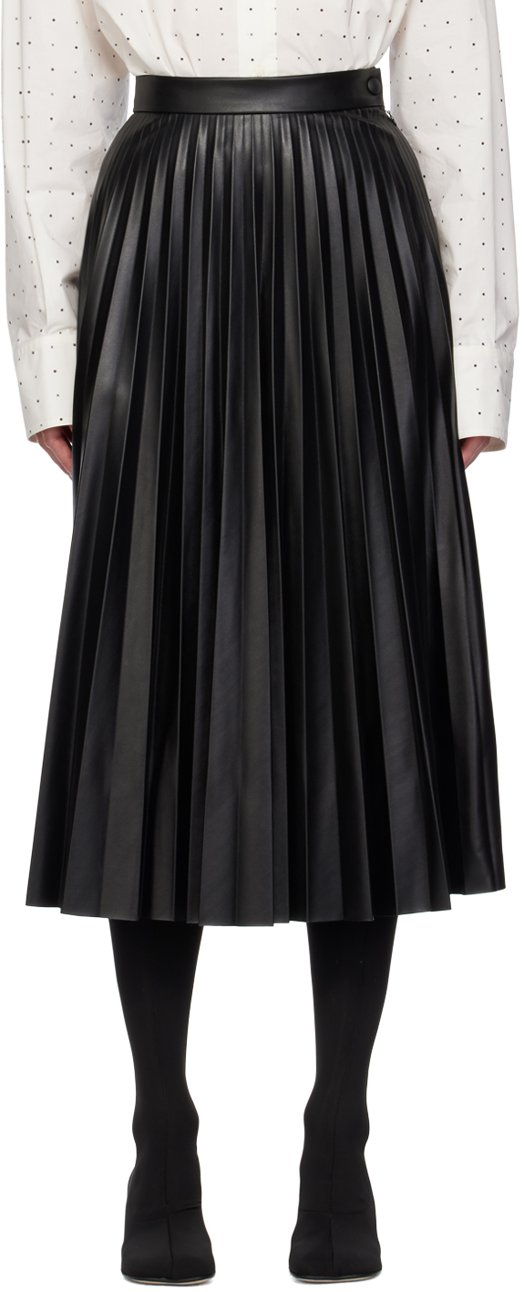 Black Pleated Faux-Leather Midi Skirt