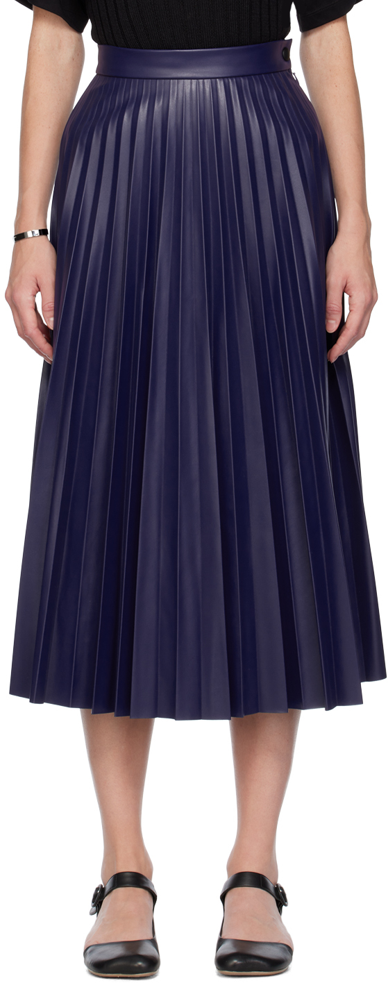 Navy Pleated Faux-Leather Midi Skirt