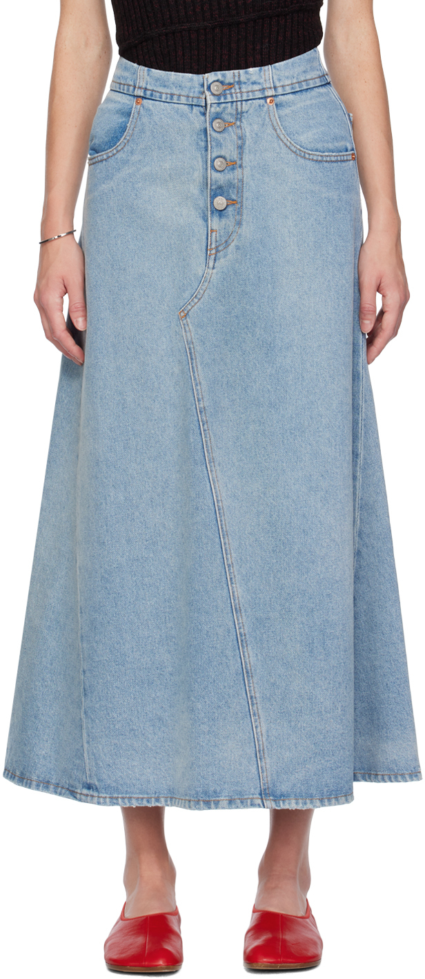 Blue Distressed Denim Maxi Skirt