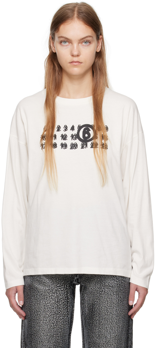 Mm6 Maison Margiela Off-white Printed Long Sleeve T-shirt In 101 Off White