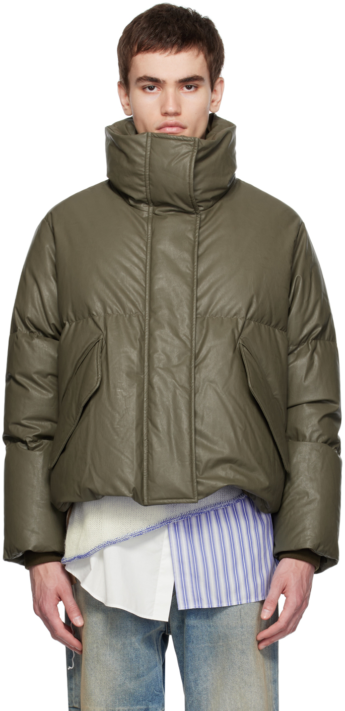 MM6 Maison Margiela: Khaki Quilted Faux-Leather Down Jacket | SSENSE