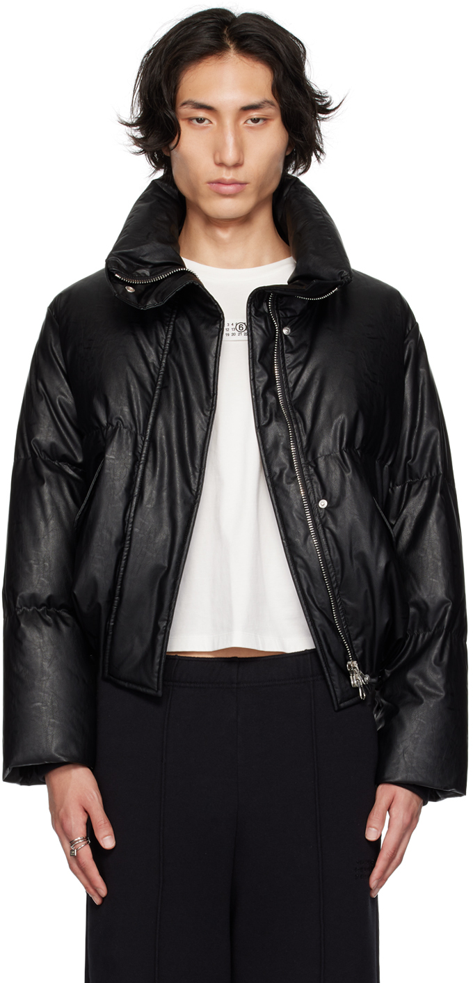 Black Quilted Faux-Leather Down Jacket