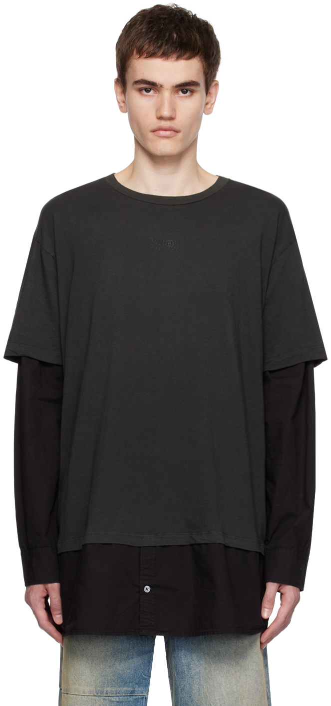 Shop Mm6 Maison Margiela Black Layered Long Sleeve T-shirt In 955 Anthracite