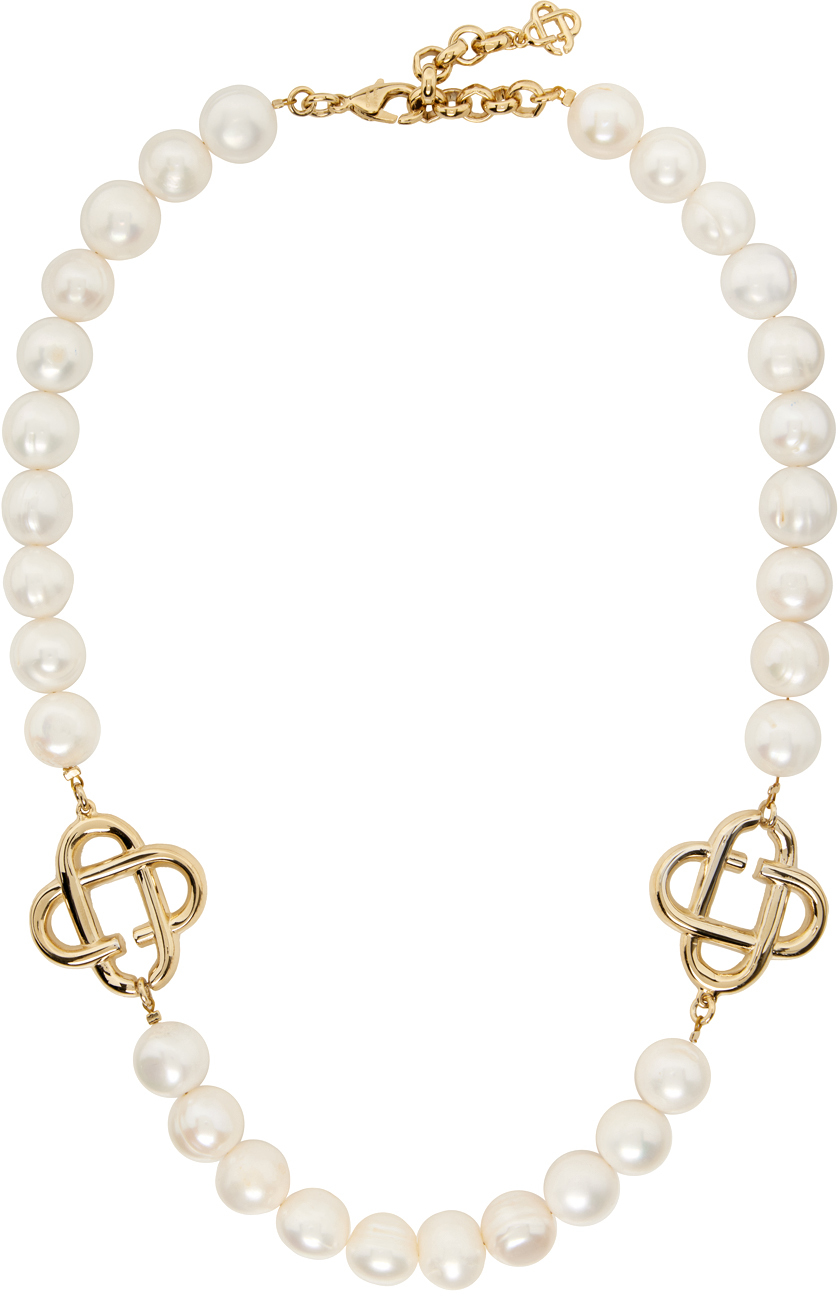 Casablanca White Chunky Logo Necklace In Gold / Pearl