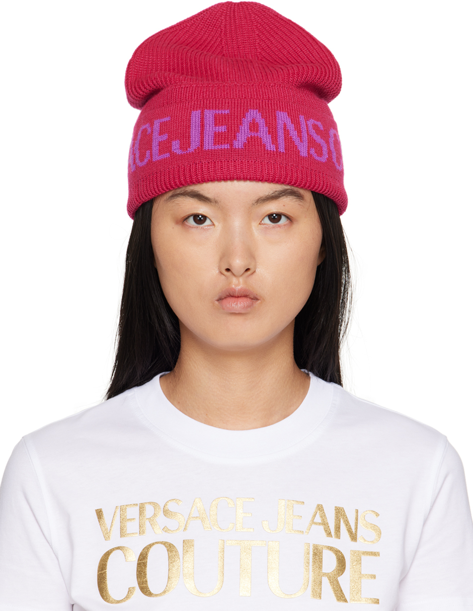 Versace Jeans Couture Pink Jacquard Beanie In Eqe7 Crimson + Lilac