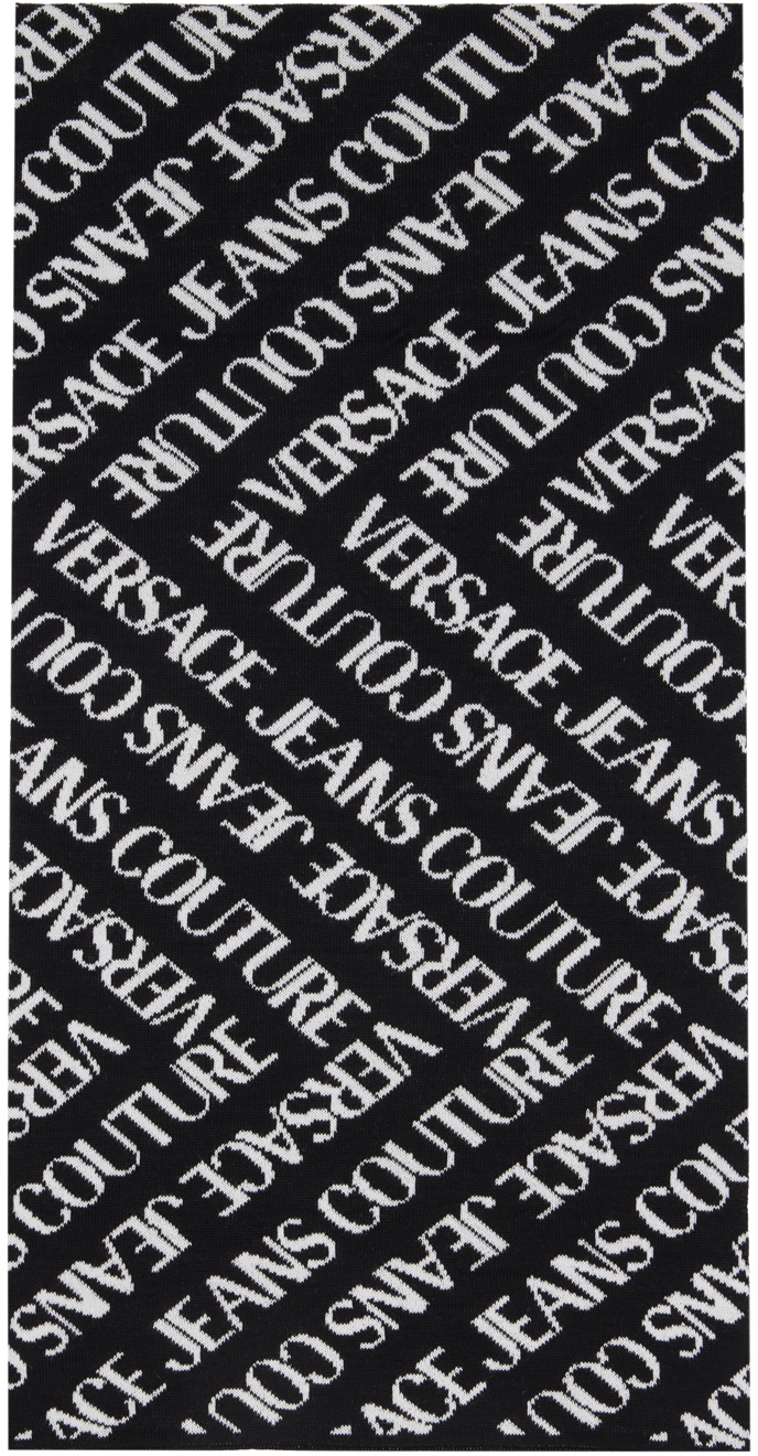 Shop Versace Jeans Couture Black & White Logo Scarf In El01 Black + White