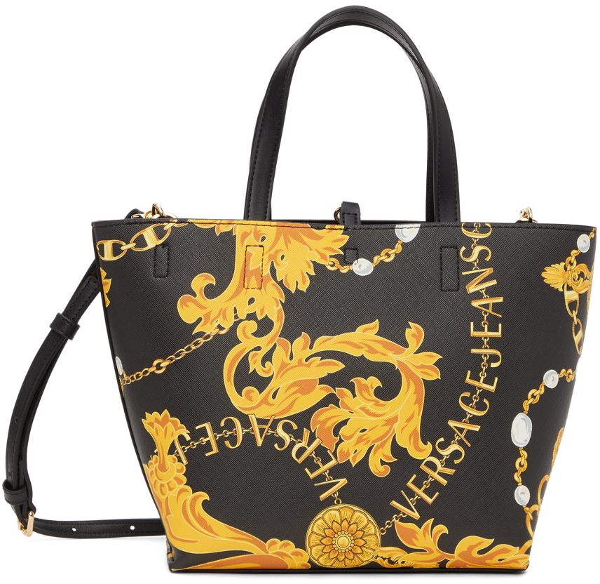 Versace Jeans Couture Reversible Black & Gold Printed Tote In Eg89 Black + Gold