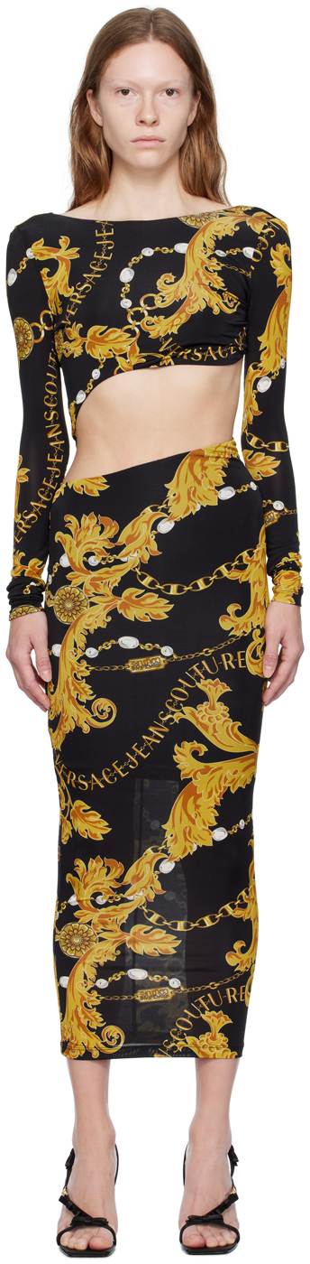 Shop Versace Jeans Couture Black Chain Couture Midi Dress In Eg89 Black + Gold