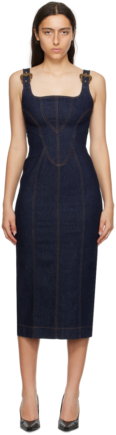 Versace Jeans Couture Indigo Baroque Buckle Denim Midi Dress In E904 Indigo
