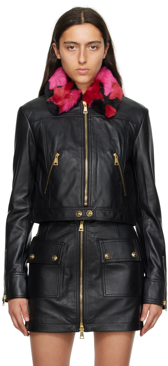 Shop Versace Jeans Couture Black Spread Collar Leather & Faux-fur Jacket In E899 Black