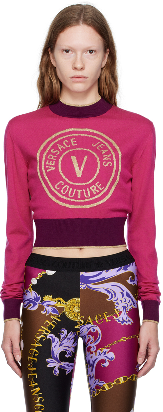 Shop Versace Jeans Couture Pink V-emblem Sweater In E455 Fuxia
