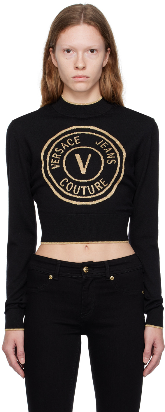 Shop Versace Jeans Couture Black V-emblem Sweater In Ek42 Black + Gold