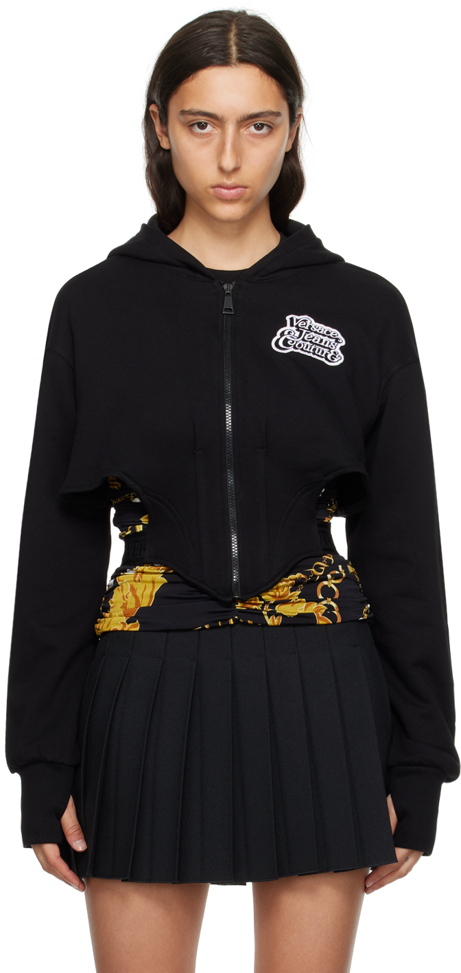 Versace Jeans Couture Black Embroidered Logo Hoodie In E899 Black