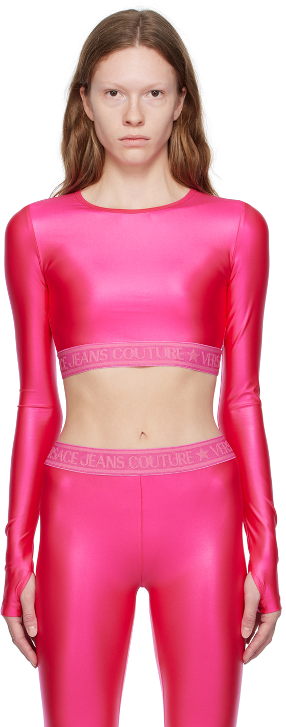 Versace Jeans Couture Pink Cropped Long Sleeve T-shirt In E406 Hot Pink