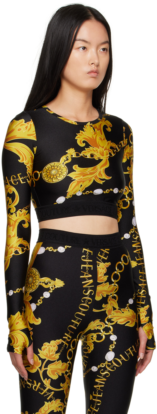 Versace Jeans Couture Black Longsleeve Tops With All-over Baroque Print In Eg89 Black/gold
