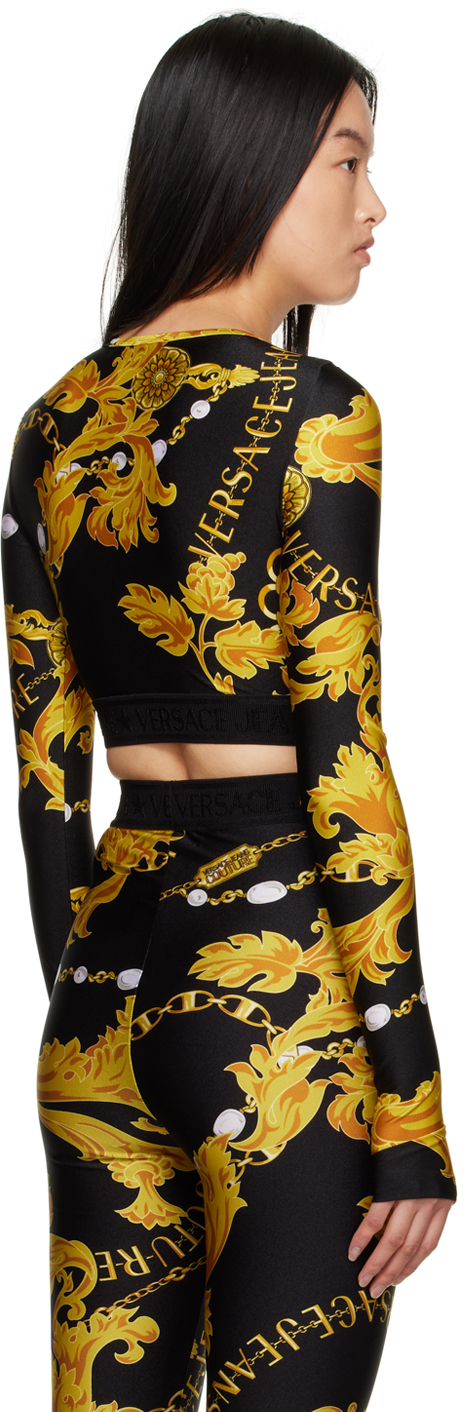 Versace Jeans Couture Black Longsleeve Tops With All-over Baroque Print In Eg89 Black/gold