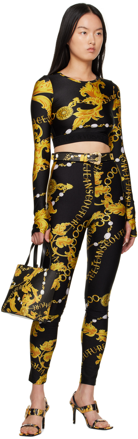 Versace Jeans Couture Black Longsleeve Tops With All-over Baroque Print In Eg89 Black/gold