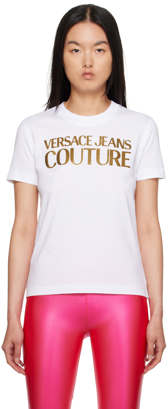 Versace Jeans Couture White Printed T-shirt In Eg03 White/gold