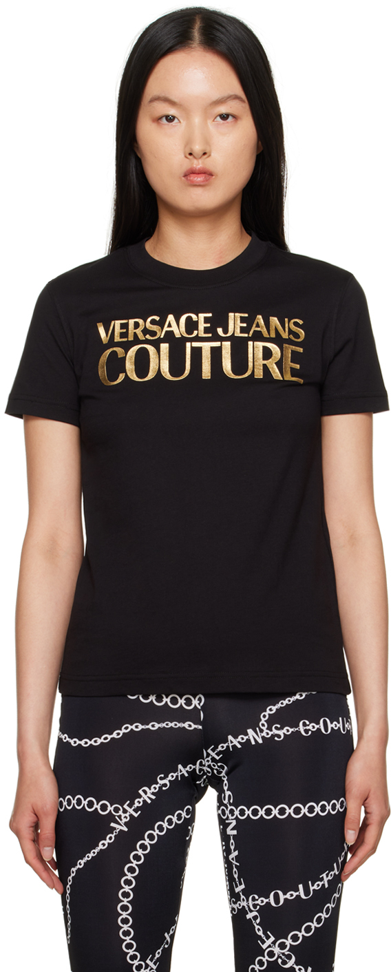 Shop Versace Jeans Couture Black Printed T-shirt In Eg89 Black/gold