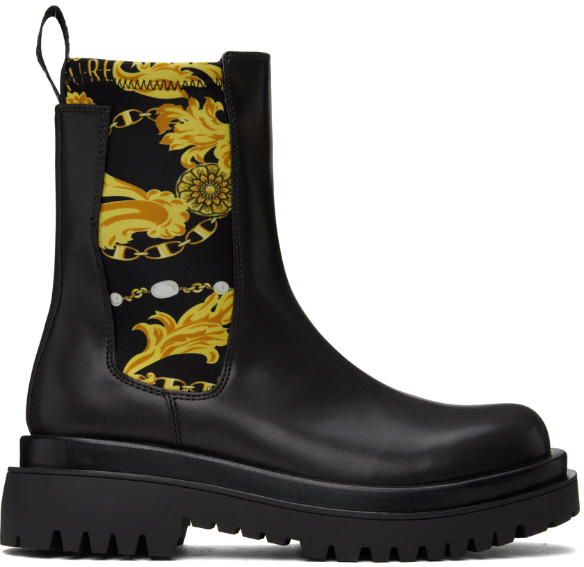 Versace Jeans Couture: Black Printed Chelsea Boots | SSENSE Canada