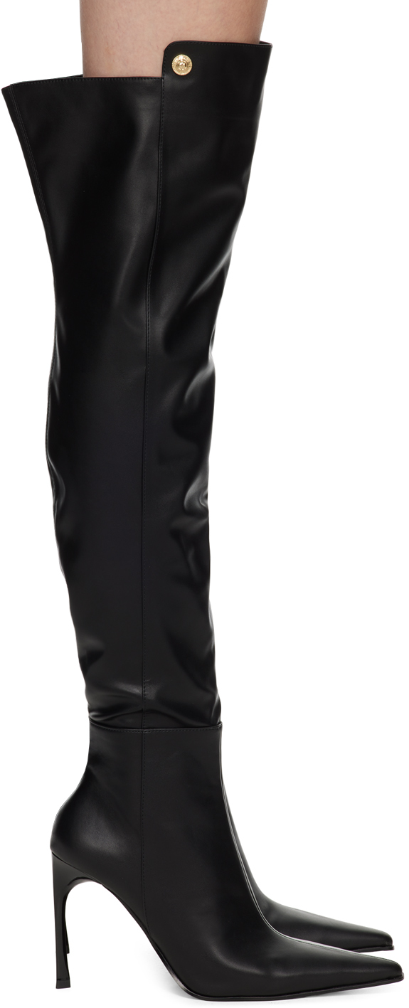 Versace Jeans Couture Pointed-toe Faux-leather Knee Boots In Nero