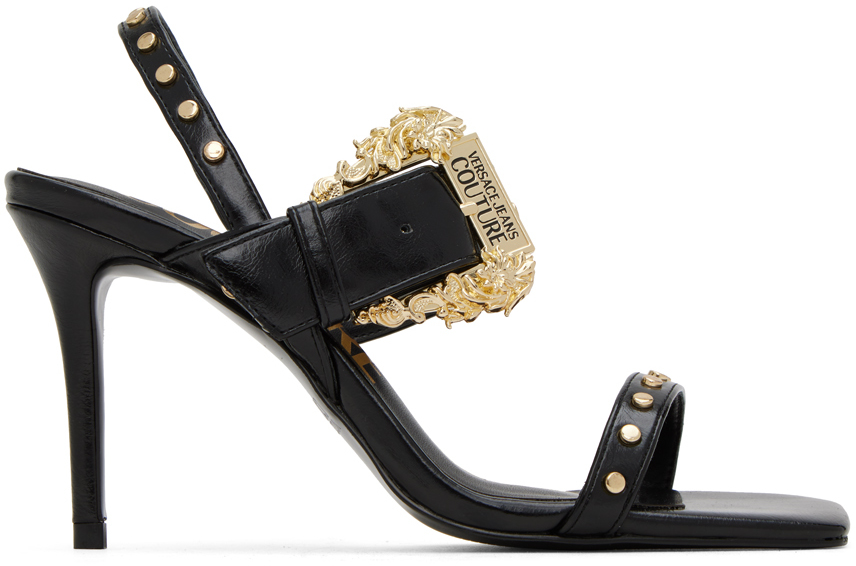 Shop Versace Jeans Couture Black Emily Baroque Heeled Sandals In E899 Black