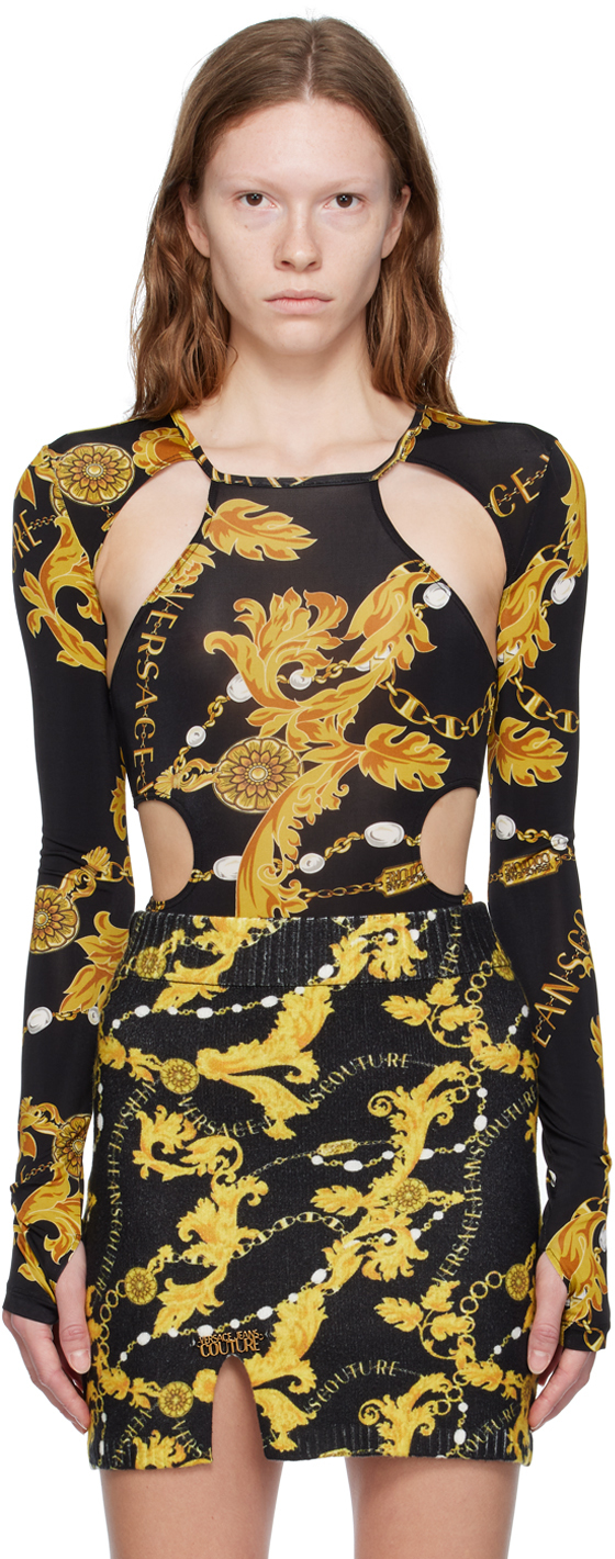 Versace Jeans Couture Black Chain Couture Bodysuit In Eg89 Black + Gold