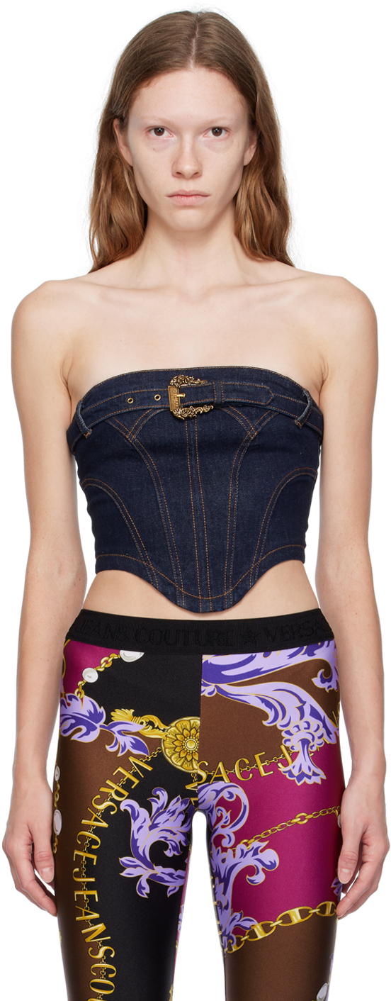 Versace Jeans Couture Indigo Pin-buckle Denim Camisole In E904 Indigo