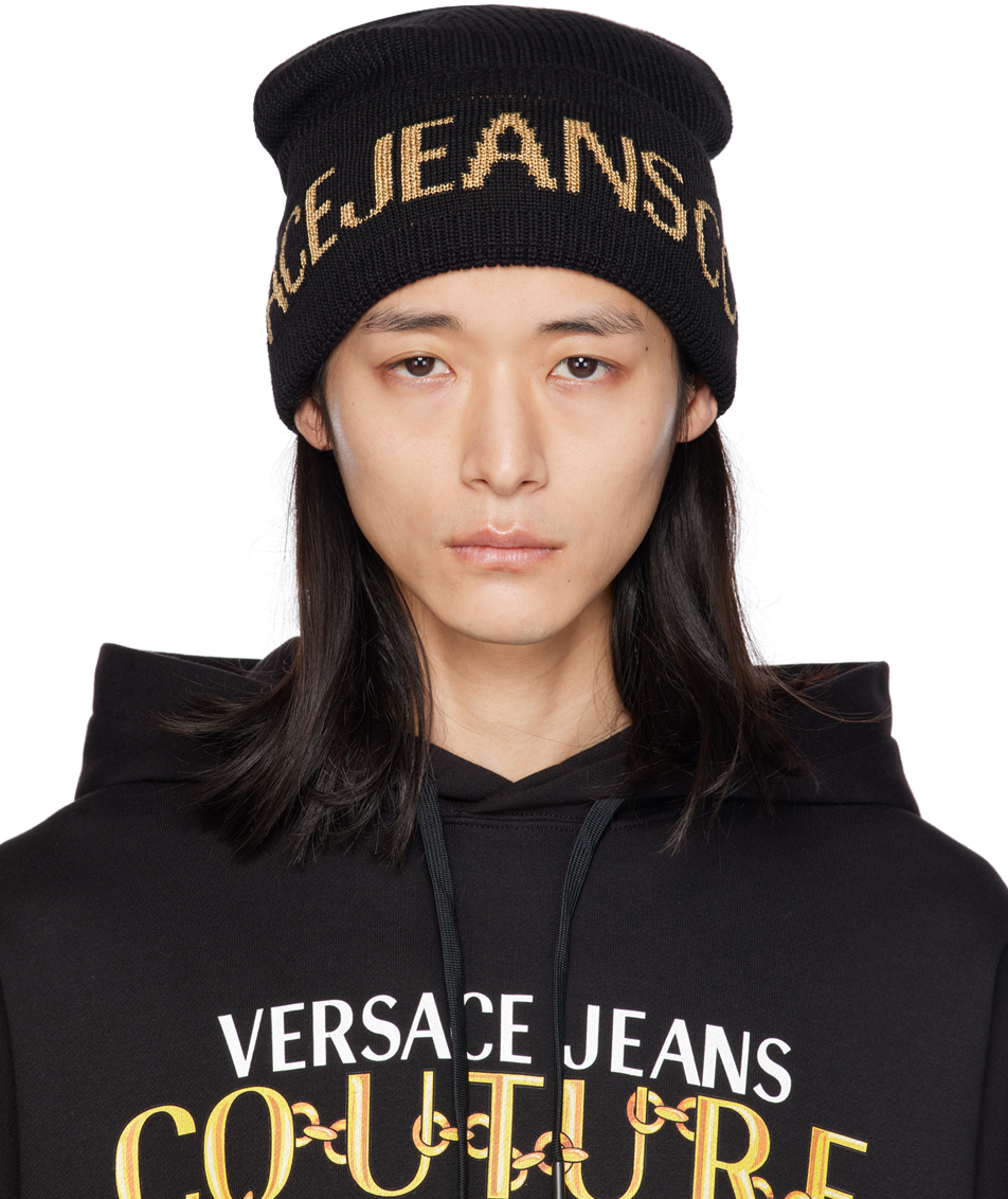 Versace Jeans Couture Black Jacquard Beanie In Eg89 Black + Gold