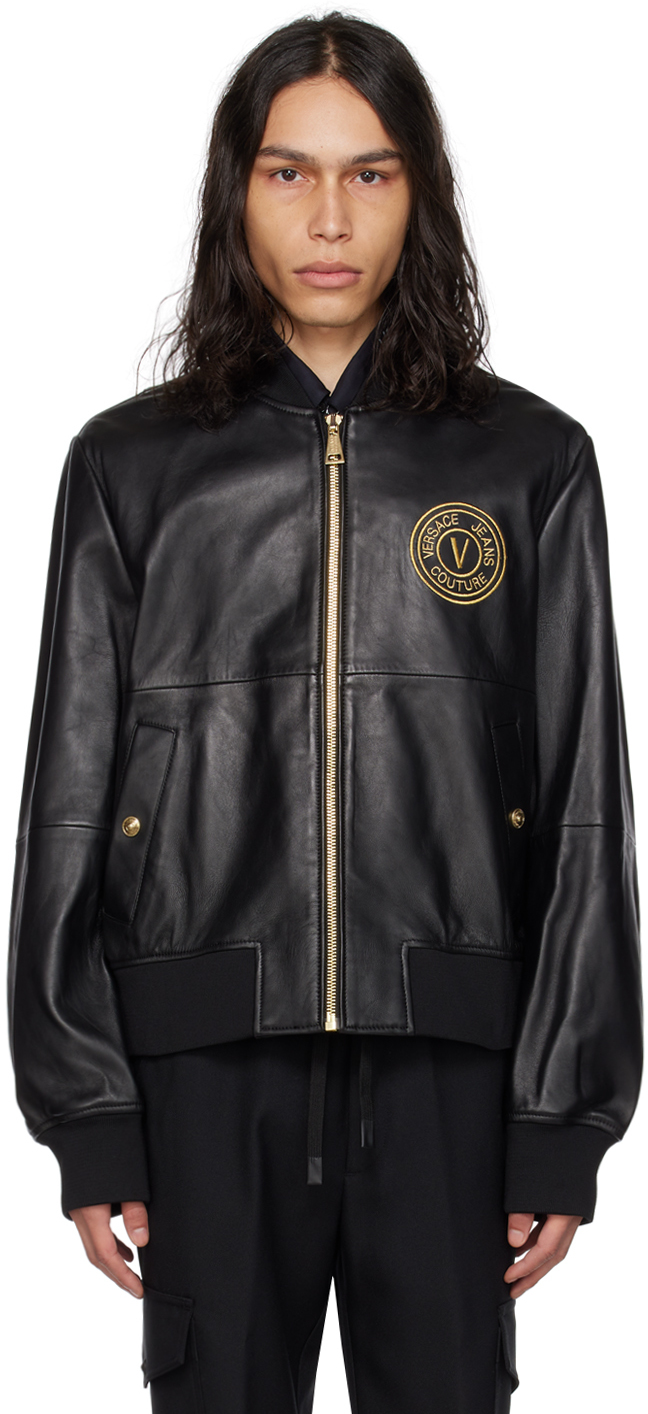 Versace Jeans Couture: Black V-Emblem Leather Bomber Jacket | SSENSE