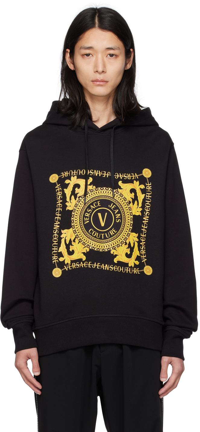 Shop Versace Jeans Couture Black V-emblem Hoodie In Eg89 Black + Gold