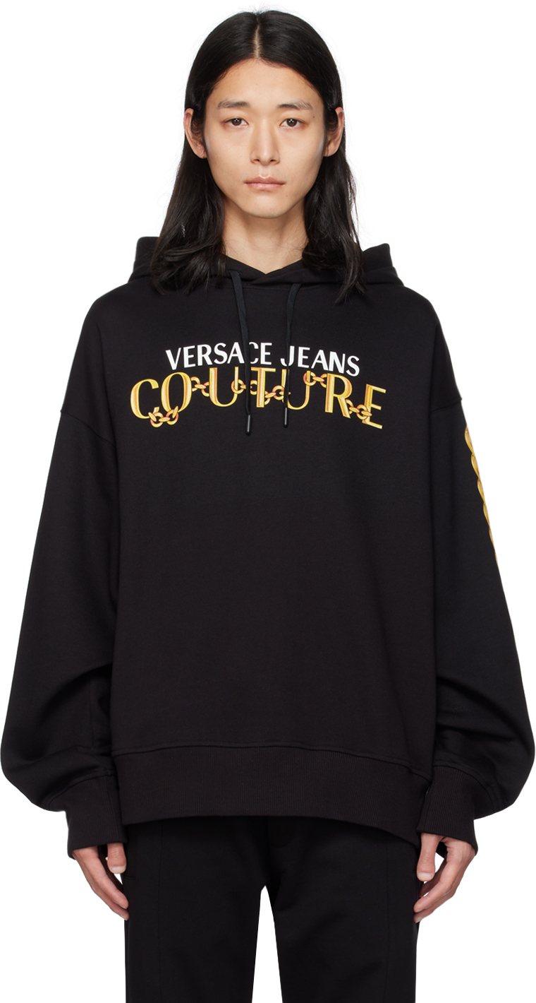 Shop Versace Jeans Couture Black Chain Hoodie In Eg89 Black + Gold