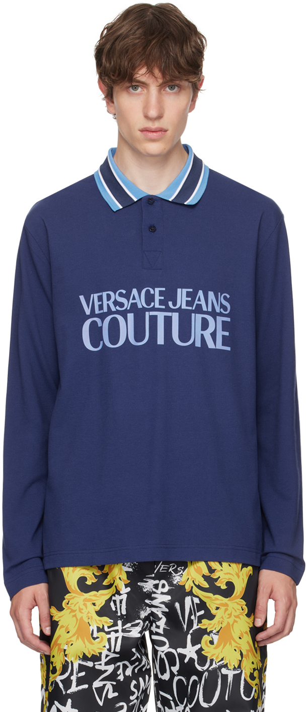 Versace Jeans Couture Navy Printed Polo In E238 Navy