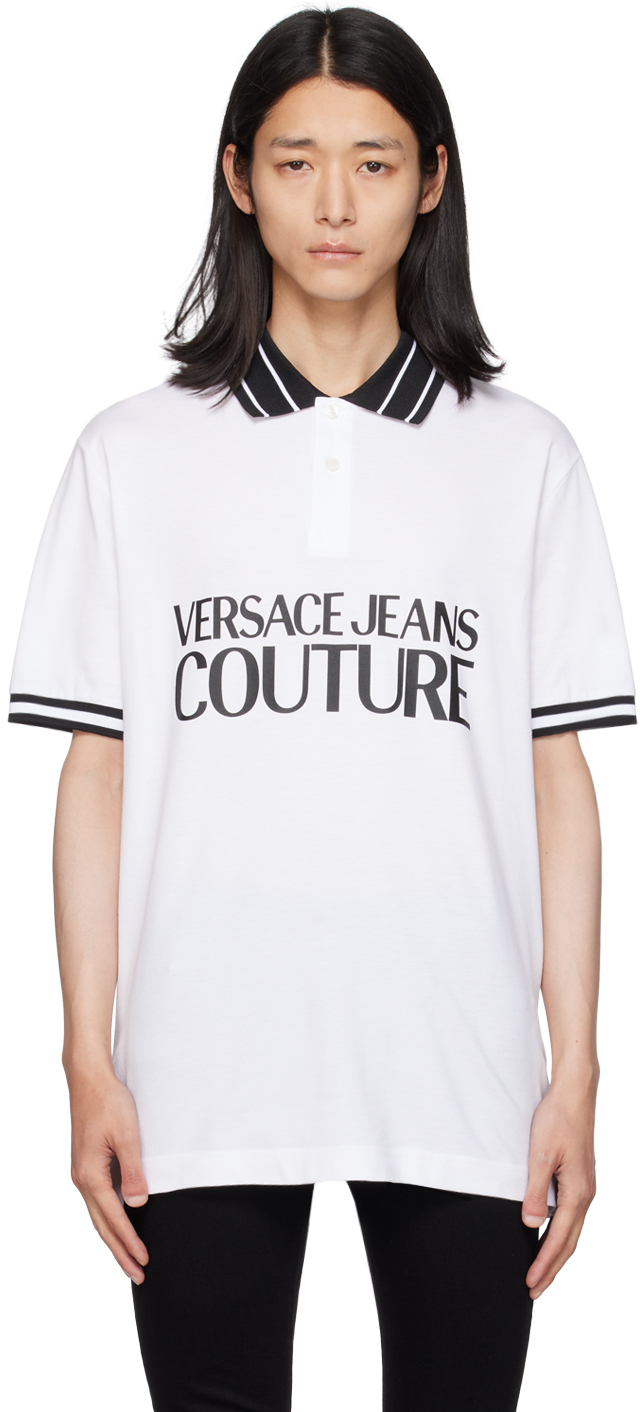 Shop Versace Jeans Couture White Printed Polo In E003 White