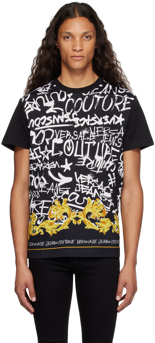 Shop Versace Jeans Couture Black Graffiti T-shirt In Eg89 Black + Gold