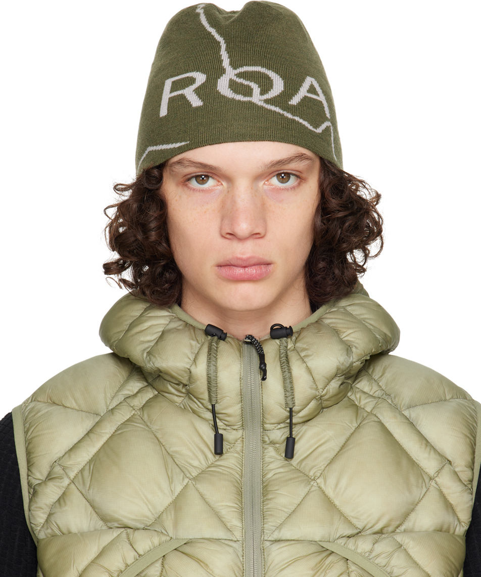 Roa Khaki Logo Beanie In Dark Green