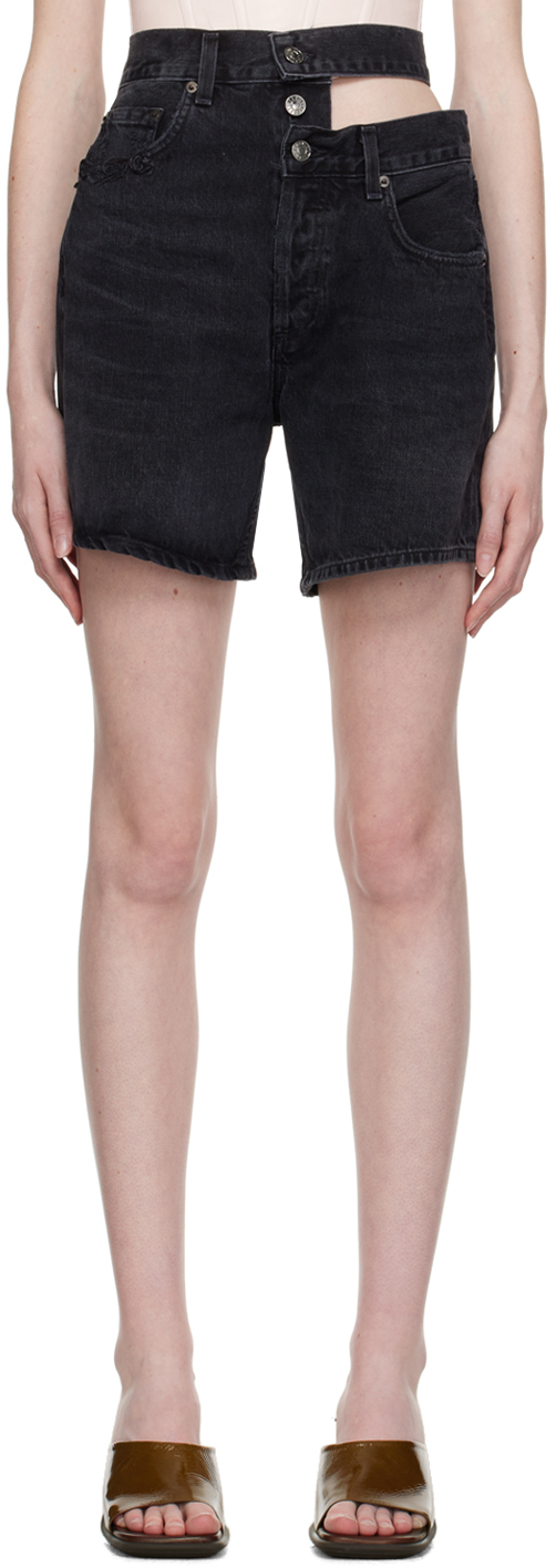 Black Broken Waistband Denim Shorts