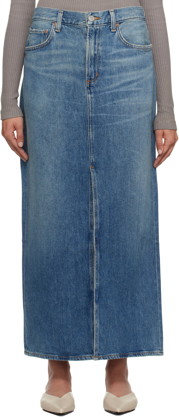 Shop Agolde Blue Leif Denim Maxi Skirt In Swing (med Vint Ind)