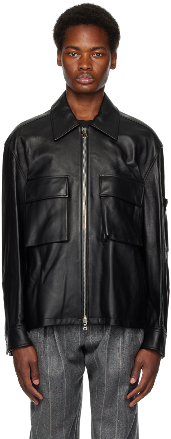 Black Zipped Leather Jacket by Solid Homme on Sale