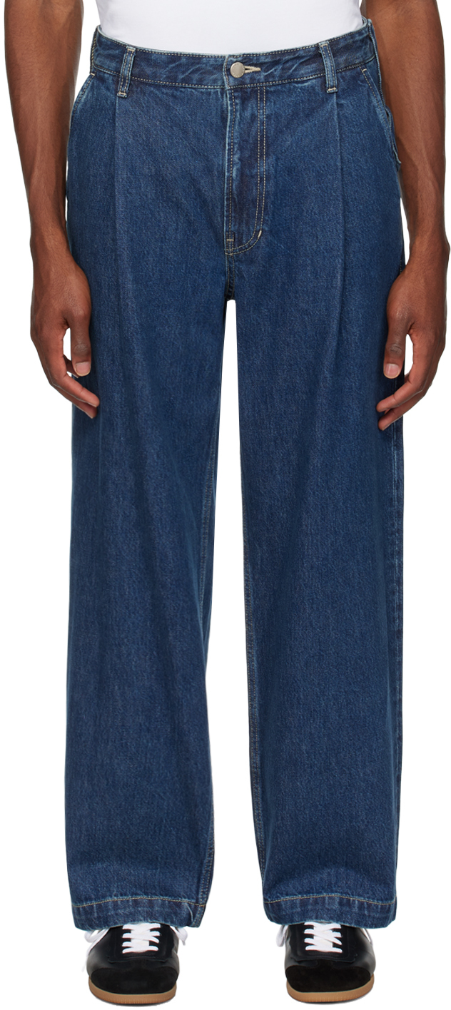 Blue One Tuck Jeans by Solid Homme on Sale