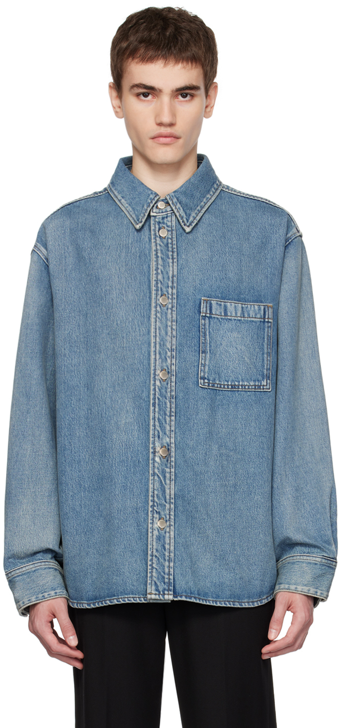 Blue Embroidered Denim Jacket by Solid Homme on Sale