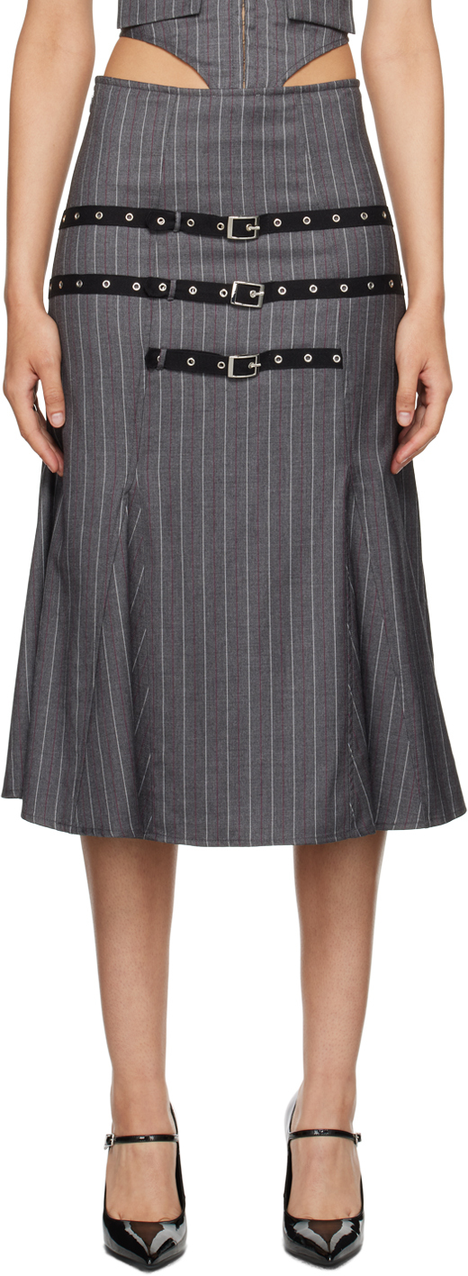 Shop Miaou Gray Gaudi Midi Skirt In Dark Gray Stripe