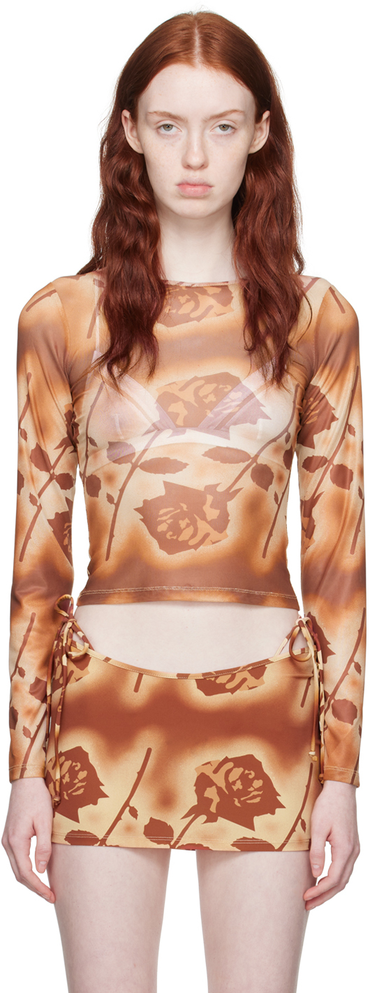 Miaou Orange Floral Long Sleeve T-shirt In Stenciled Rose