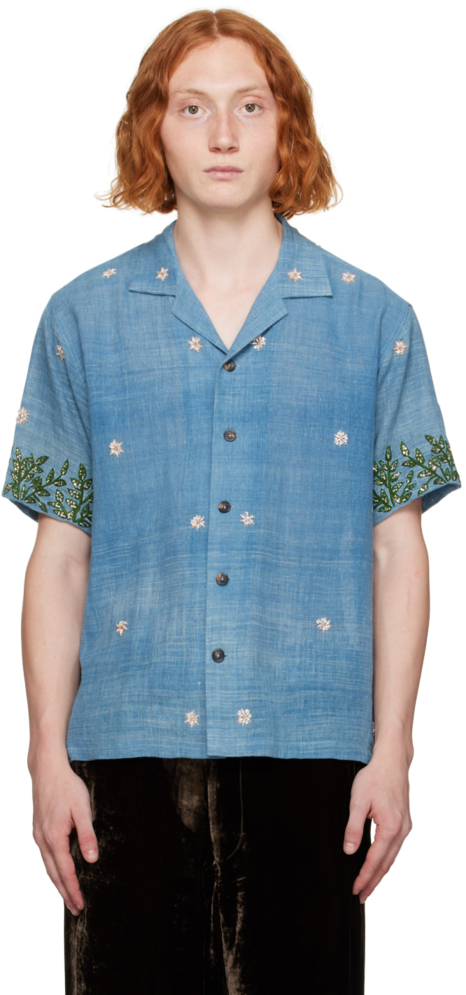 Karu Research Camp-collar Embroidered Cotton-voile Shirt In Blue