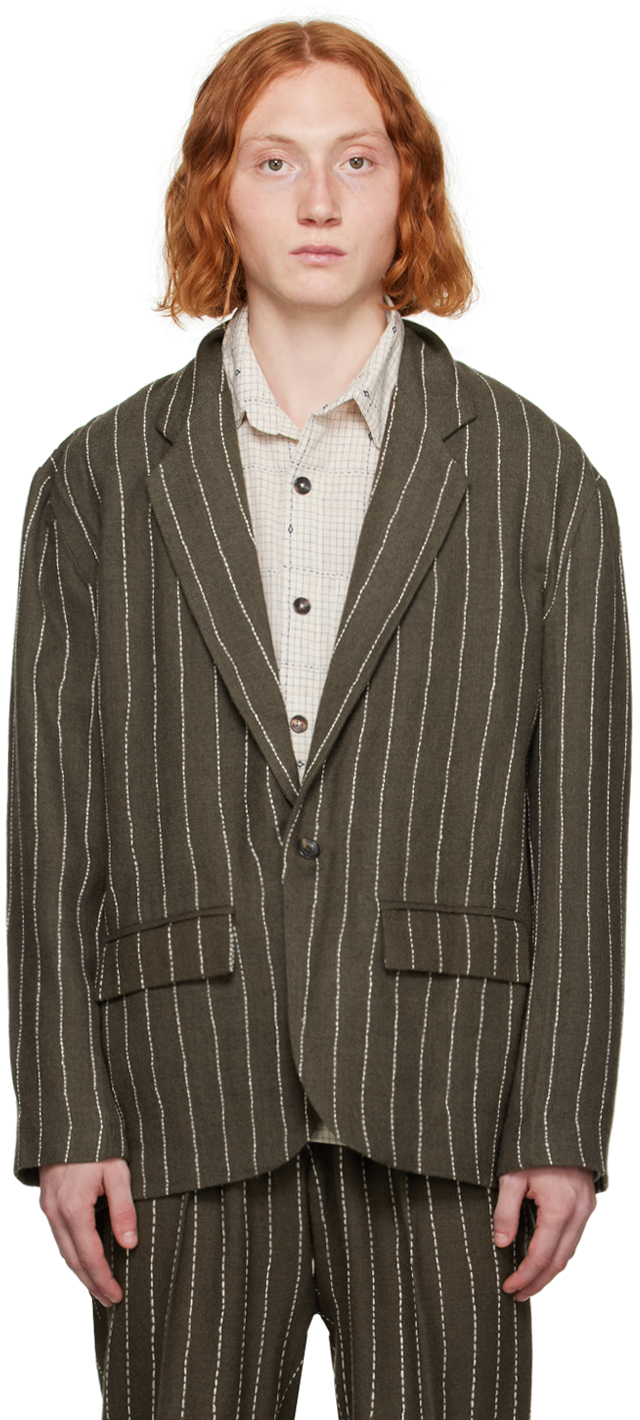 Karu Research Unstructured Embroidered Pinstriped Wool Blazer In Olive White