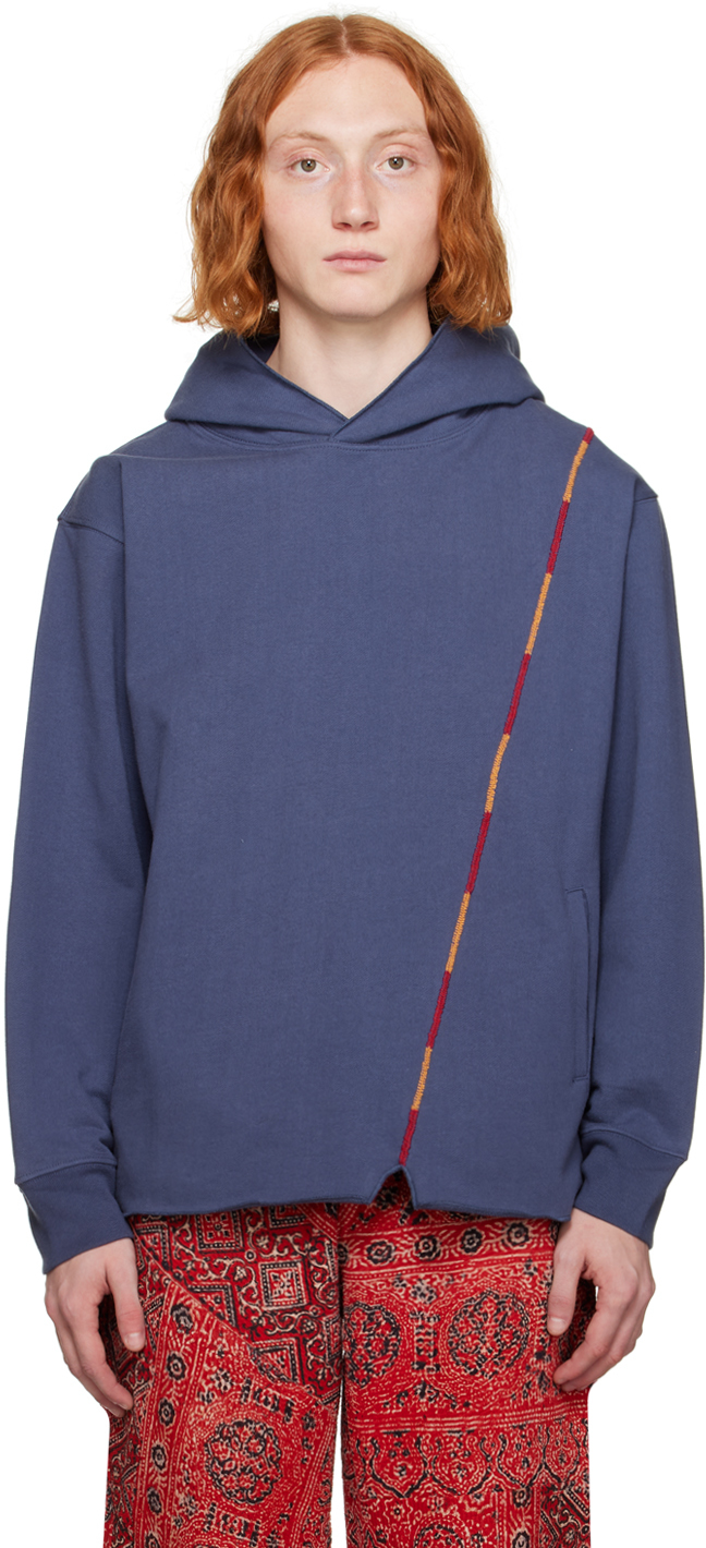 Shop Karu Research Blue Embroidered Hoodie In Blue/red/yellow